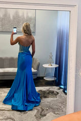 Blue Prom Dress Mermaid Floor Length Formal Dress With Slit