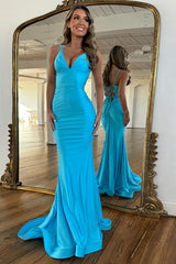 Blue Prom Dress Mermaid Lace-Up Back Long Formal Dress