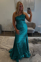 Blue Prom Dress Mermaid One Shoulder Long Formal Dress