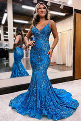 Blue Prom Dress Mermaid Sequined Long Backless Evening Dress