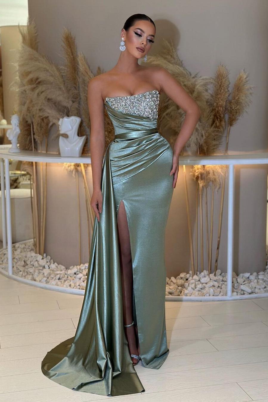 Blue Prom Dress Mermaid Sleeveless Strapless Beaded Evening Dress