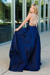 Blue Prom Dress Satin Long Backless Evening Dress
