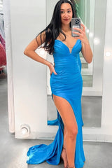 Blue Prom Dress Satin Mermaid Lace-Up Back Long Formal Dress With Slit