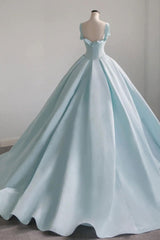 Blue Prom Dress Satin Sweep Train Long Evening Dress