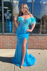 Blue Prom Dress Sequined Floral Mermaid Off The Shoulder Long Evening Dress With Slit