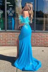 Blue Prom Dress Sequined Floral Mermaid Off The Shoulder Long Evening Dress With Slit