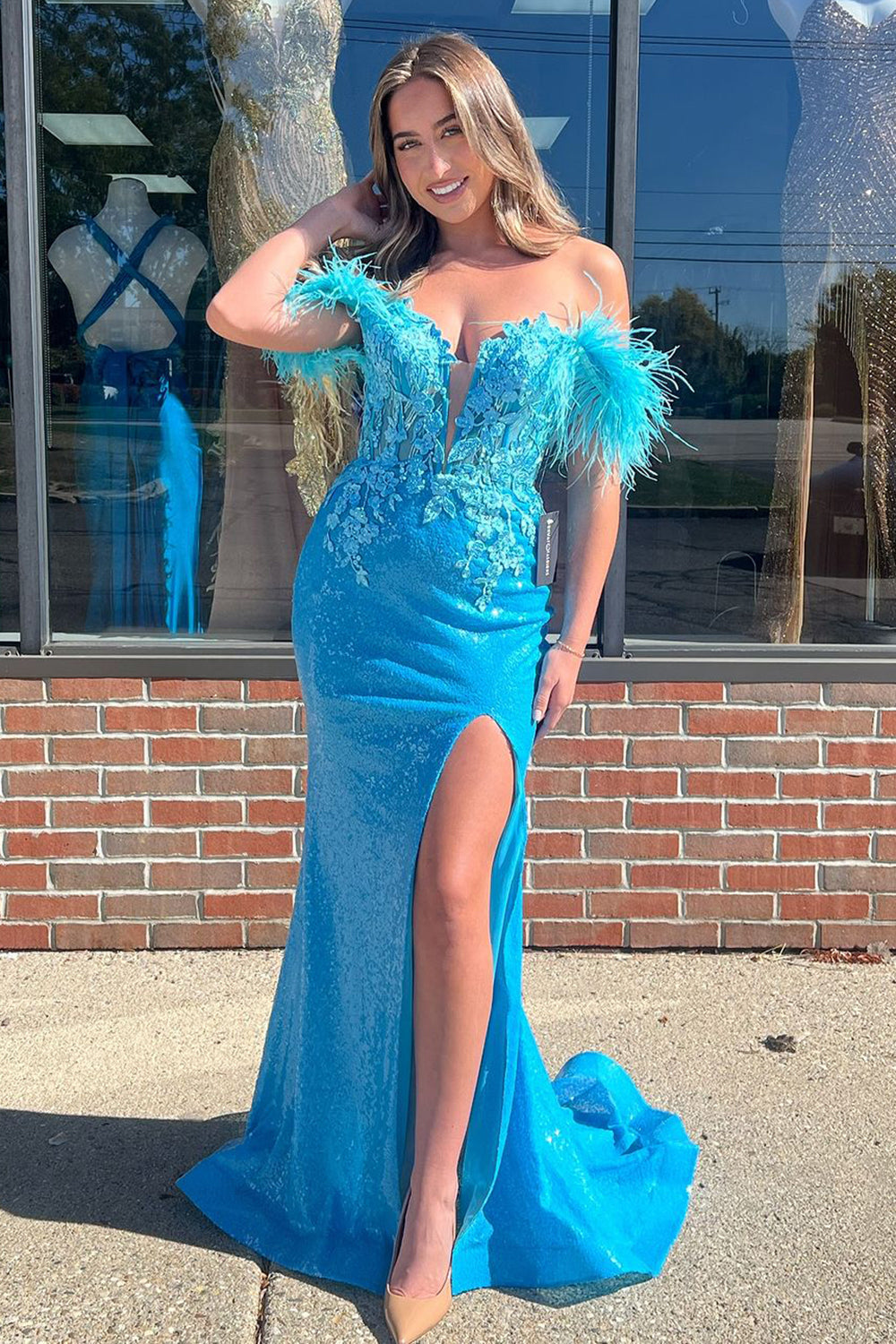 Blue Prom Dress Sequined Floral Mermaid Off The Shoulder Long Evening Dress With Slit