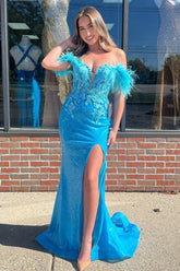 Blue Prom Dress Sequined Floral Mermaid Off The Shoulder Long Evening Dress With Slit