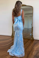 Blue Prom Dress Sequined Long Mermaid Formal Dress With Bow