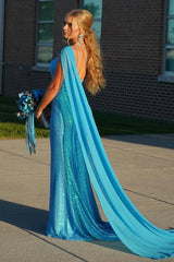 Blue Prom Dress Sequined Mermaid One Shoulder Long Evening Dress With Slit