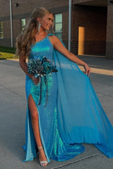 Blue Prom Dress Sequined Mermaid One Shoulder Long Evening Dress With Slit