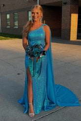 Blue Prom Dress Sequined Mermaid One Shoulder Long Evening Dress With Slit