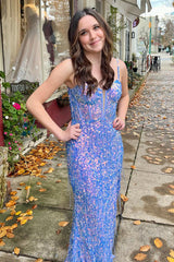 Blue Prom Dress Sequined Mermaid Tassels Spaghetti Straps Long Evening Dress With Slit