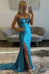 Blue Prom Dress Spaghetti Straps Mermaid Formal Dress With Slit