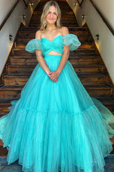 Blue Prom Dress Two Piece Detachable Sleeves A Line Long Evening Dress