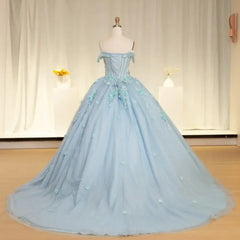 Blue Scoop Neck Quinceanera Dress Spaghetti Straps 3D Floral Appliques Ball Gown Romantic Prom Dress