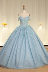 Blue Scoop Neck Quinceanera Dress Spaghetti Straps 3D Floral Appliques Ball Gown Romantic Prom Dress