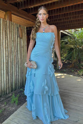 Blue Sheath/Column Prom Dress Sleeveless Strapless Ruffled Evening Dress