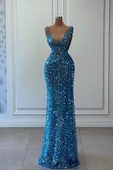 Blue Sheath/Column Prom Dress Sleeveless V Neck Sequined Evening Dress