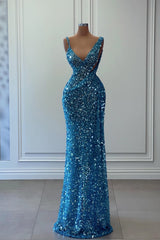 Blue Sheath/Column Prom Dress Sleeveless V Neck Sequined Evening Dress