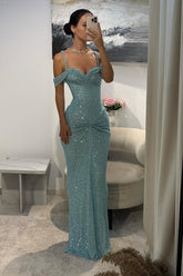 Blue Sheath/Column Prom Dress Spaghetti Straps Sequined Evening Dress