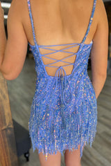 Blue Spaghetti Straps Sequin Short Graduation Dress