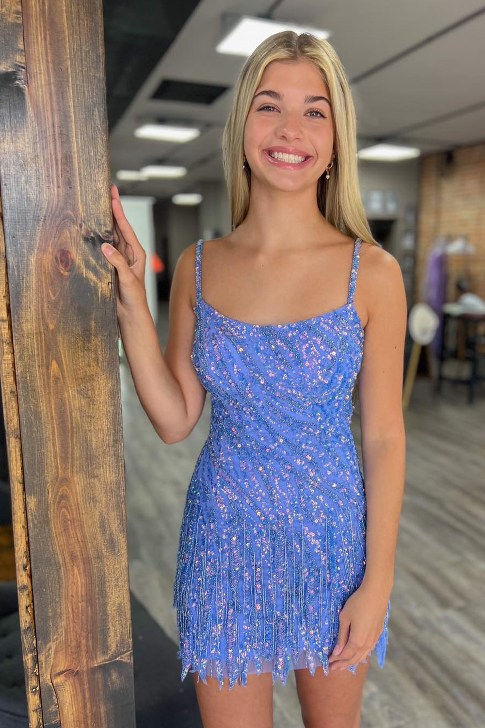 Blue Spaghetti Straps Sequin Short Graduation Dress