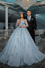 Blue Square Illusion Sleeves Beaded Sequined Ball Gown Satin Bridal Gown With Appliques