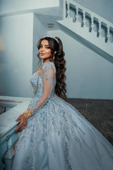 Blue Square Long Illusion Sleeves Beaded Sequined Ball Gown Long Satin Bridal Gown With Appliques