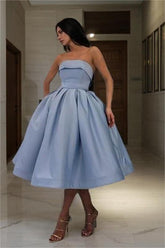 Blue Strapless Graduation Dress Sleeveless A Line Short Cocktail Dress With Pleated