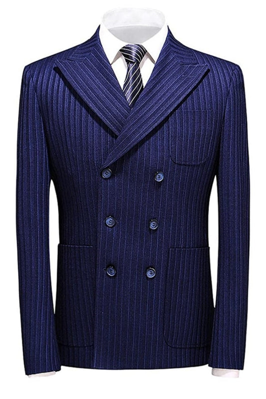 Blue Striped Double Breasted Peaked Lapel Business Suit