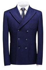 Blue Striped Double Breasted Peaked Lapel Business Suit