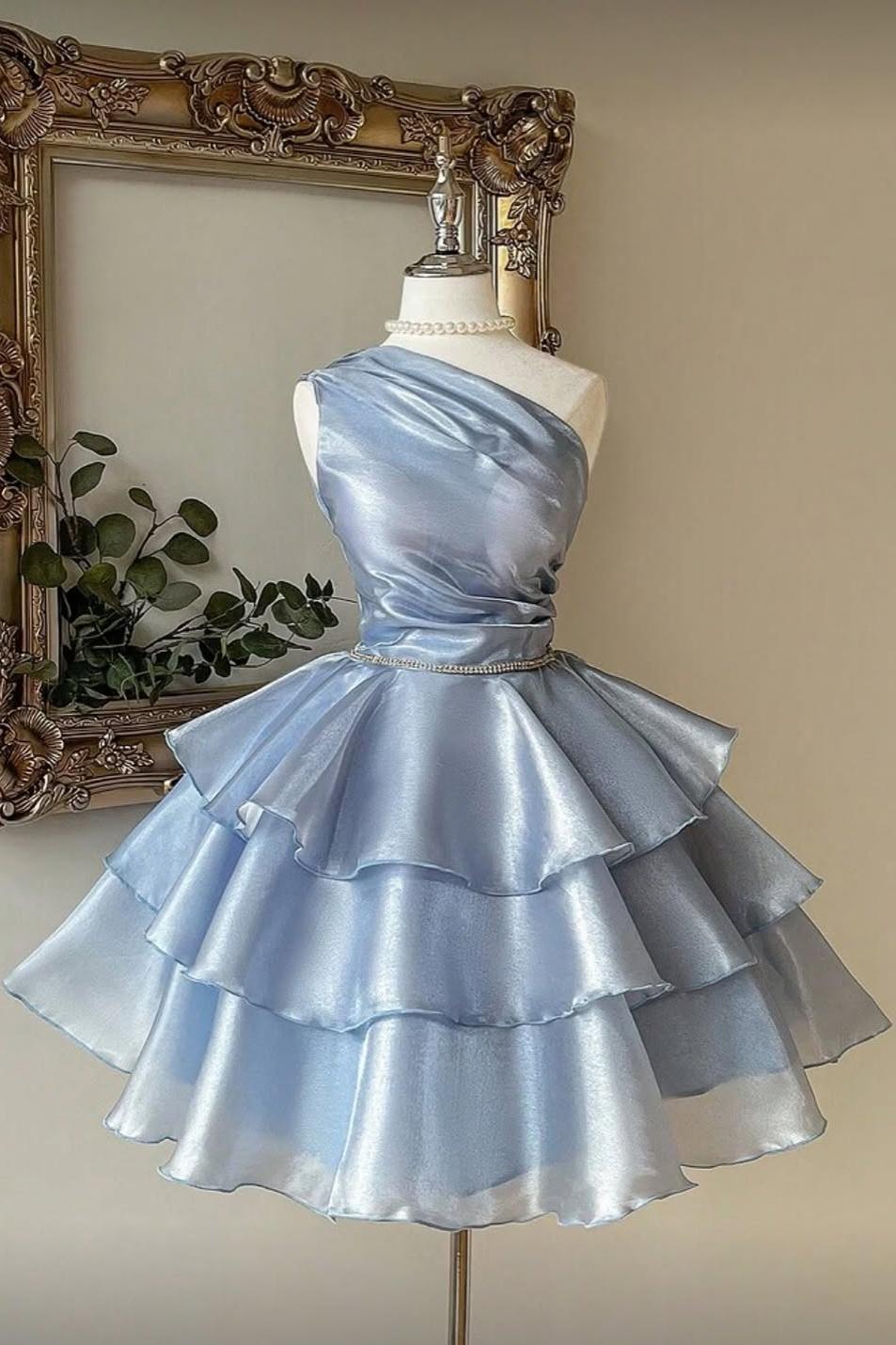 Blue Tiered Graduation Dress Sleeveless One Shoulder Short Cocktail Dress