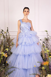 Blue Tiered Prom Dress Sleeveless One Shoulder Ruffled Evening Dress