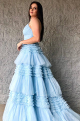 Blue Tulle Tiered Spaghetti Straps Long Prom Dress with Slit