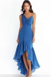 Blue Wedding Guest Dress Chiffon V Neck High-Low Sheath Evening Dress With Ruffles