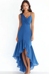 Blue Wedding Guest Dress Chiffon V Neck High-Low Sheath Evening Dress With Ruffles