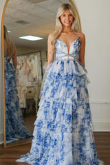 Blue White Prom Dress A Line Ruffled Floral Long Formal Dress