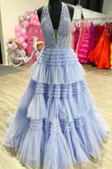 Blue Halter Neck Prom Dress Corset Lace Tiered Formal Dress with Slit