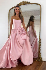 Pink A Line Satin Strapless Long Corset Prom Dress With 3D Flower