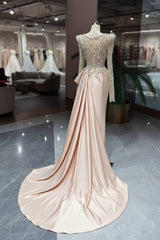 Blush Pink Satin Column Prom Dress with Crystal Long Sleeves and Peplum