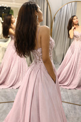 Blush Prom Dress A Line Appliqued Long Corset Evening Dress