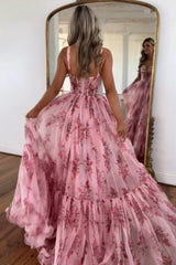 Blush Prom Dress Corset A-Line Floral Long Evening Dress