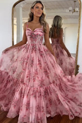 Blush Prom Dress Corset A-Line Floral Long Evening Dress