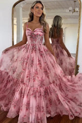 Blush Prom Dress Corset A-Line Floral Long Evening Dress