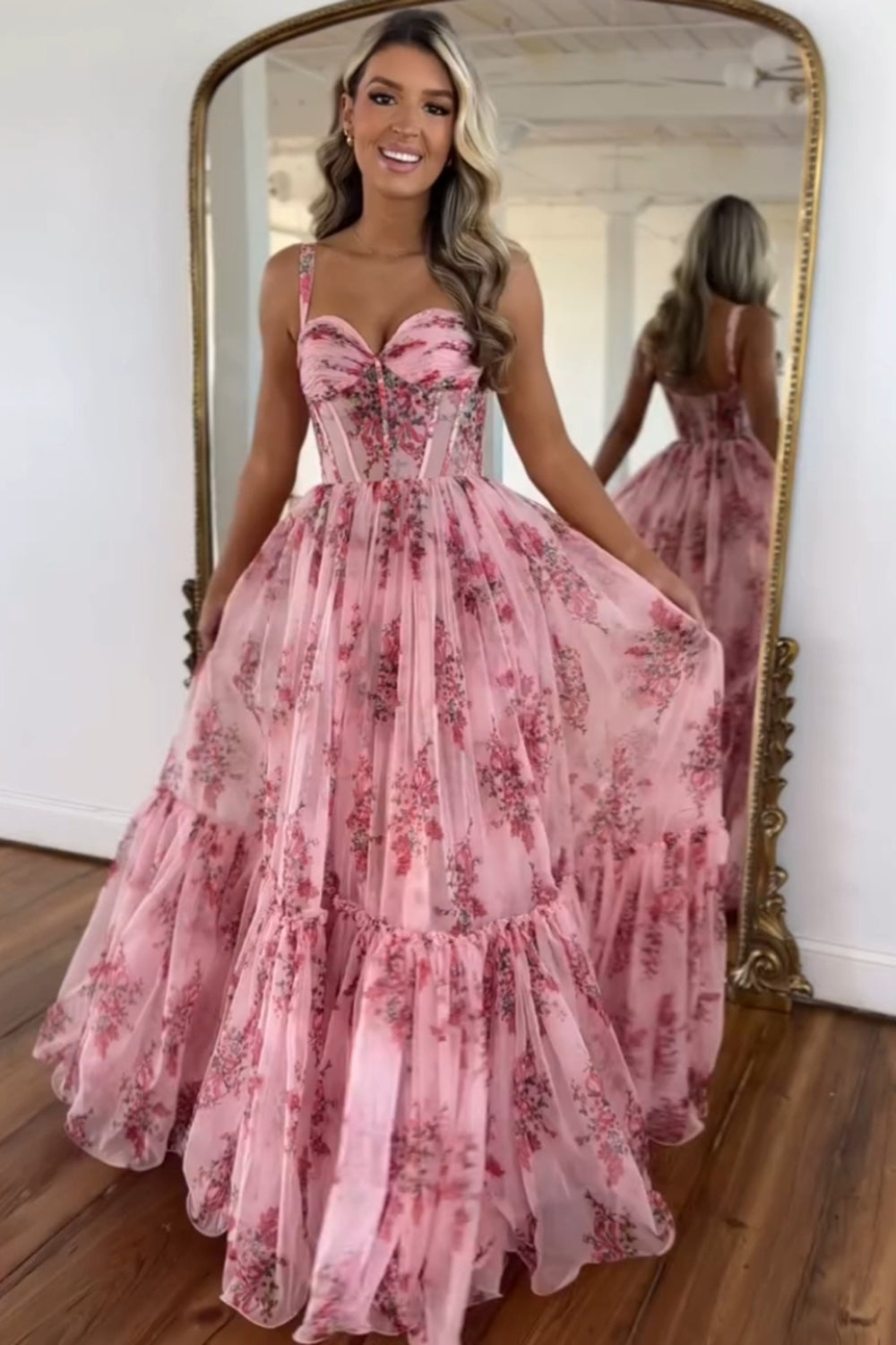 Blush Prom Dress Corset A-Line Floral Long Evening Dress