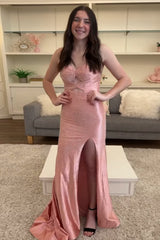 Blush Prom Dress Mermaid Hollow Out Sweetheart Formal Dress With Slit
