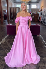 Blush Prom Dress Off The Shoulder A Line Satin Formal Dress