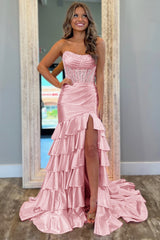 Blush Prom Dress Ruffled Mermaid Long Satin Formal Dress With Slit