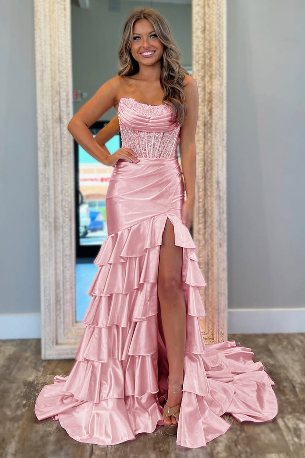 Blush Prom Dress Ruffled Mermaid Long Satin Formal Dress With Slit